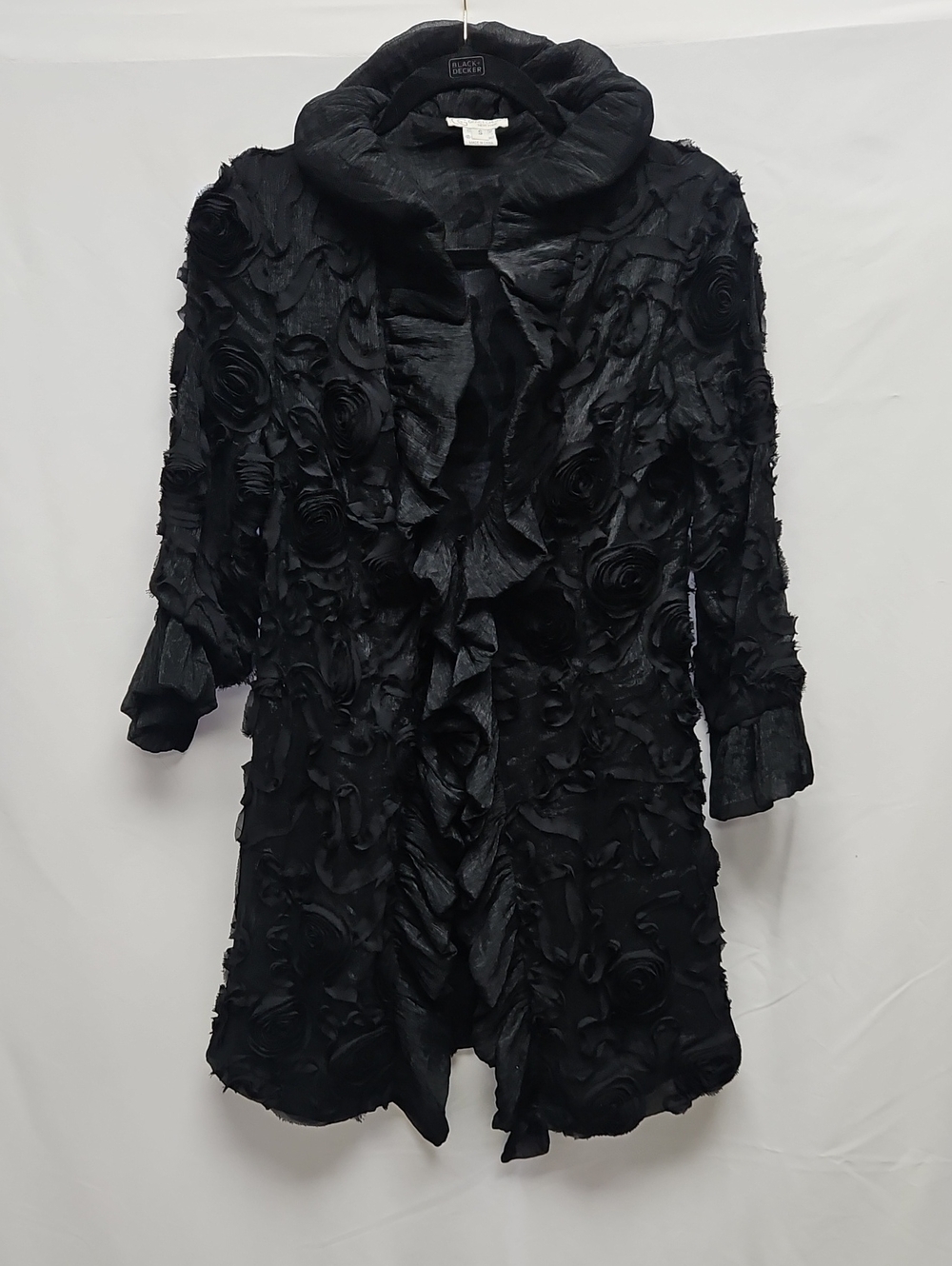Grace Chuang New York S Black 3D Rosette Floral Ruffle Sheer Duster Jacket